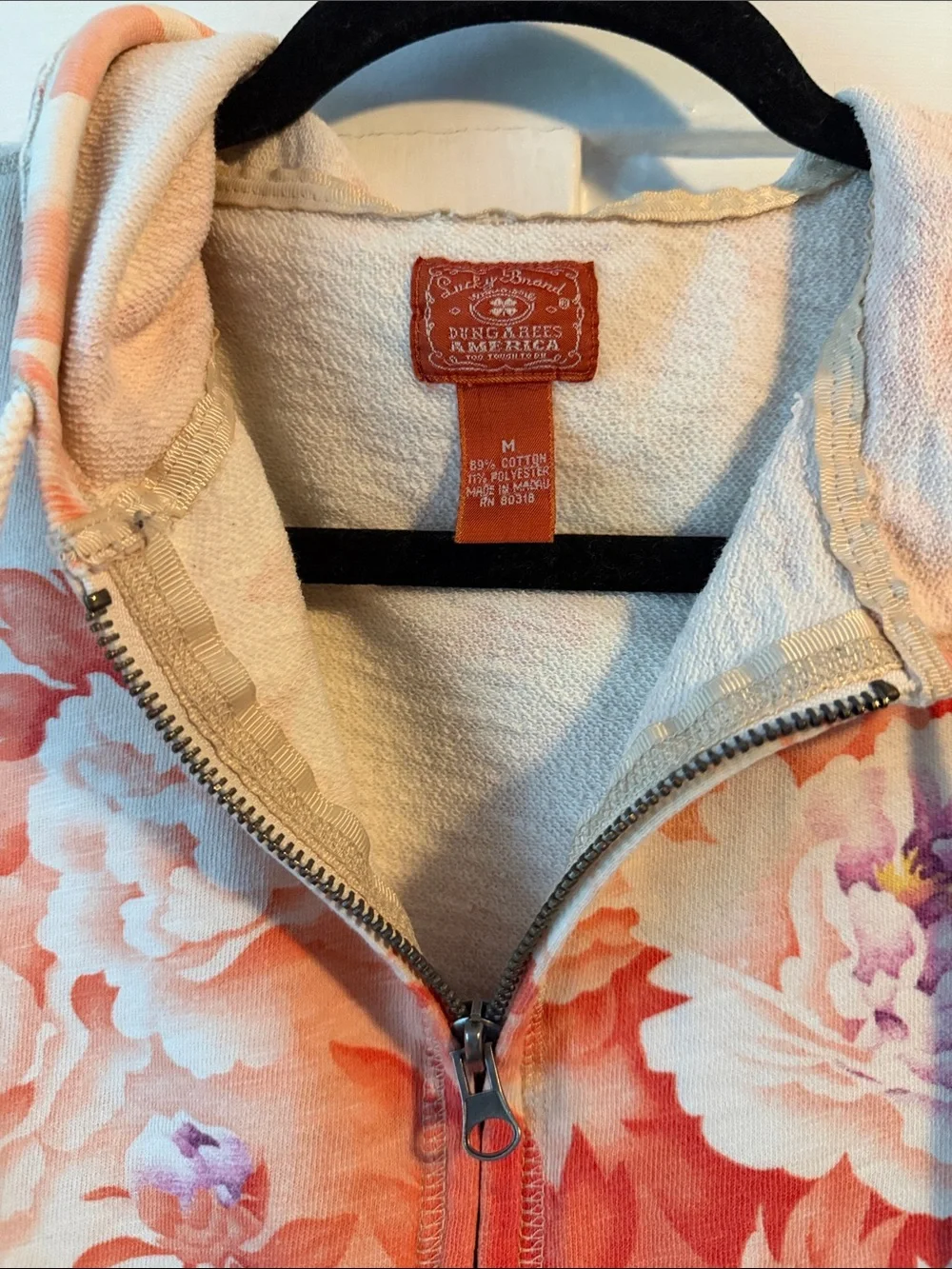 Lucky Brand Floral Zip-Up Hoodie in Cream and Coral - Picture 2 of 3